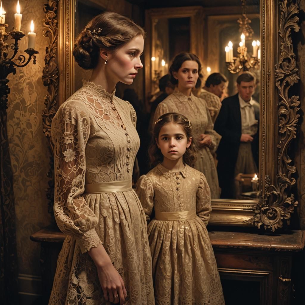 Elegant Woman and Child in Gilded Mirror