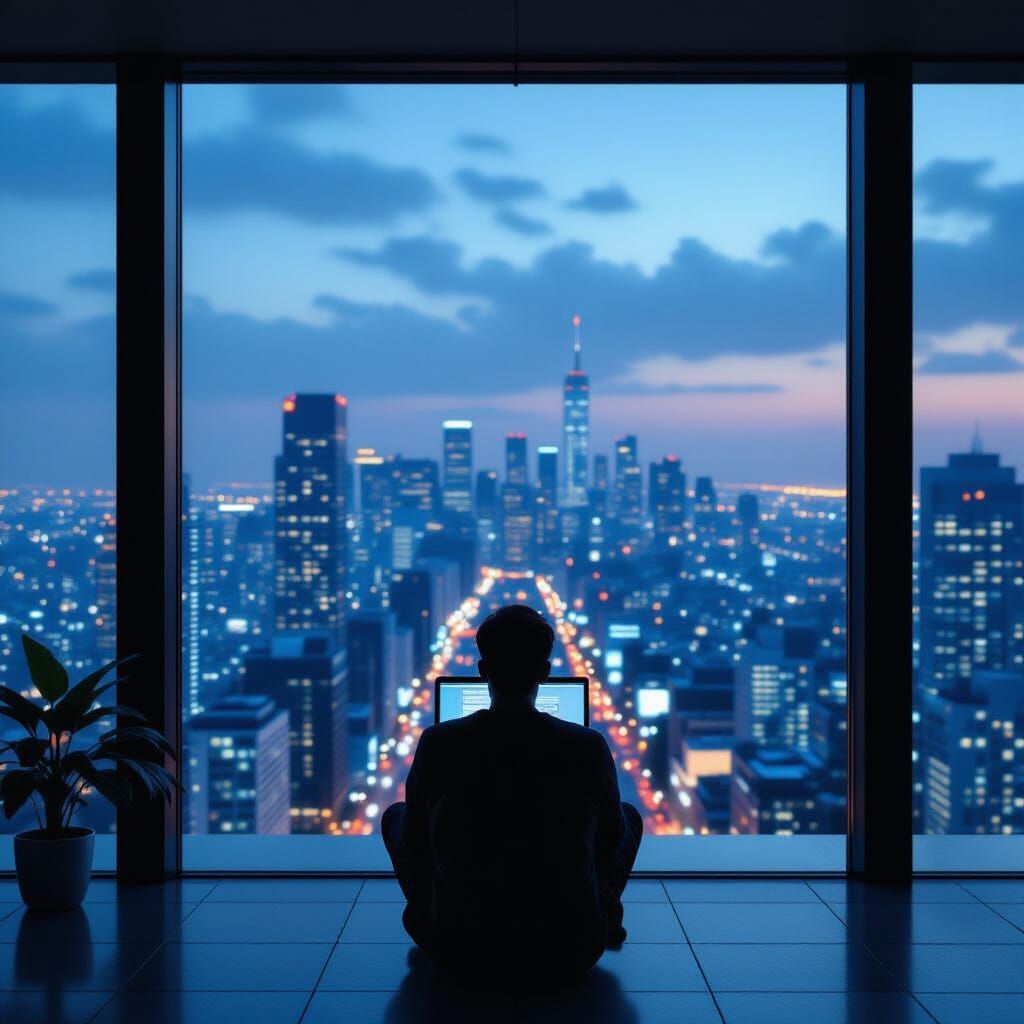 Solitary Figure in Minimalist Apartment Overlooking Rainy Ci...