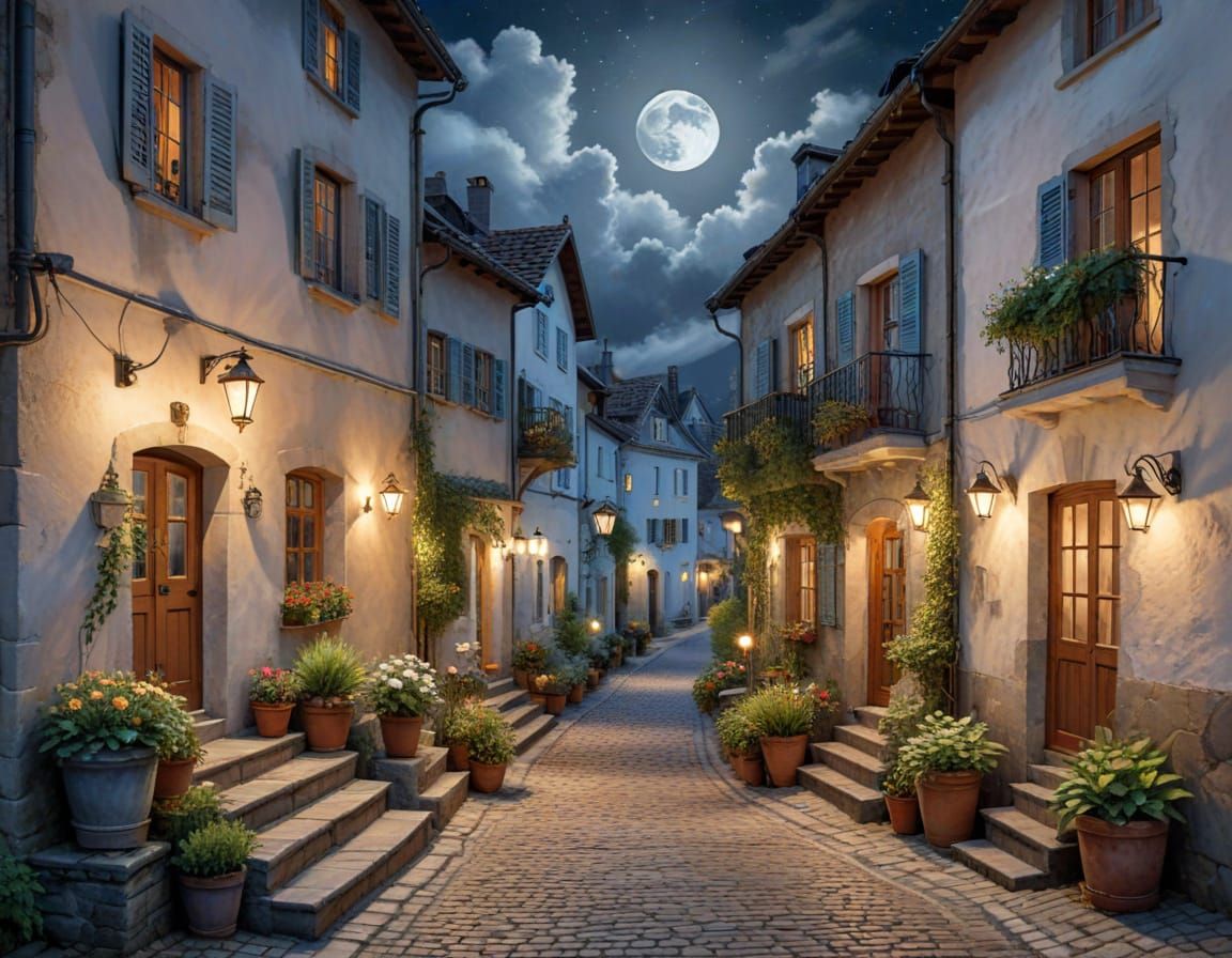 Moonlit Village Street in Watercolor Painting