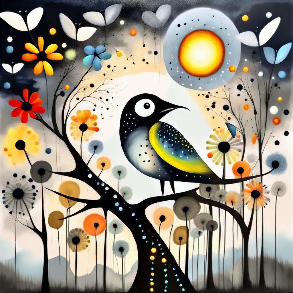 Surreal Conures and Crows in Firefly Dreamscape