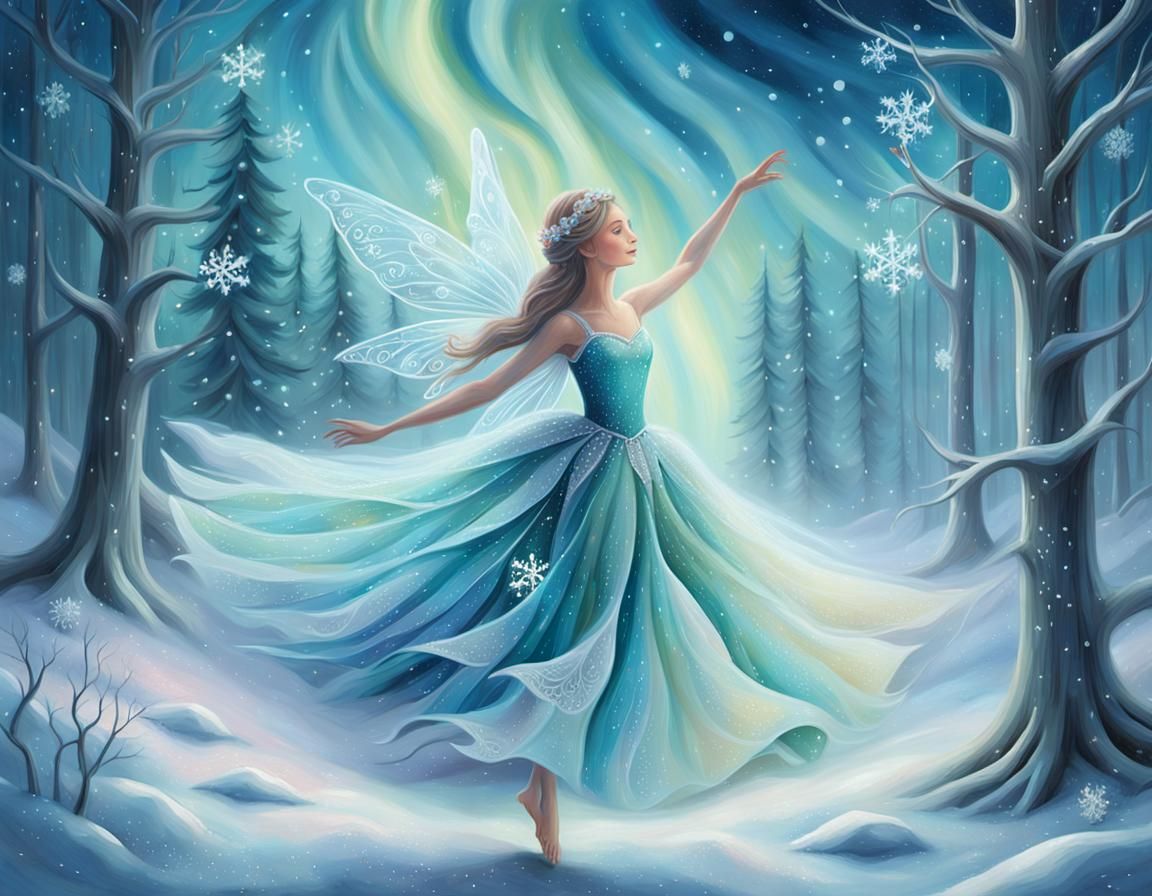 Winter Fairy Dances in Enchanted Forest, Magical Realism