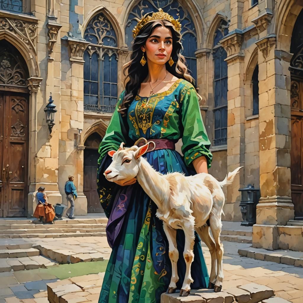 Esmeralda and Goat in Gouache Watercolor Style