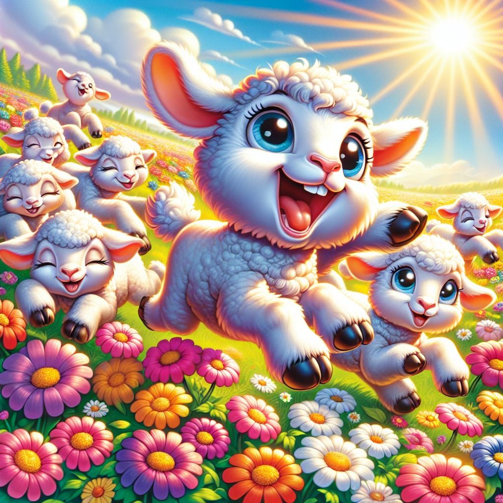 Cartoon Lambs Frolicking in Sunny Meadow