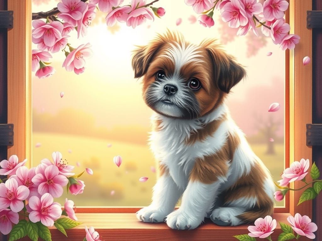 Cute Shih Tzu Puppy in a Whimsical Cottage Window Scene