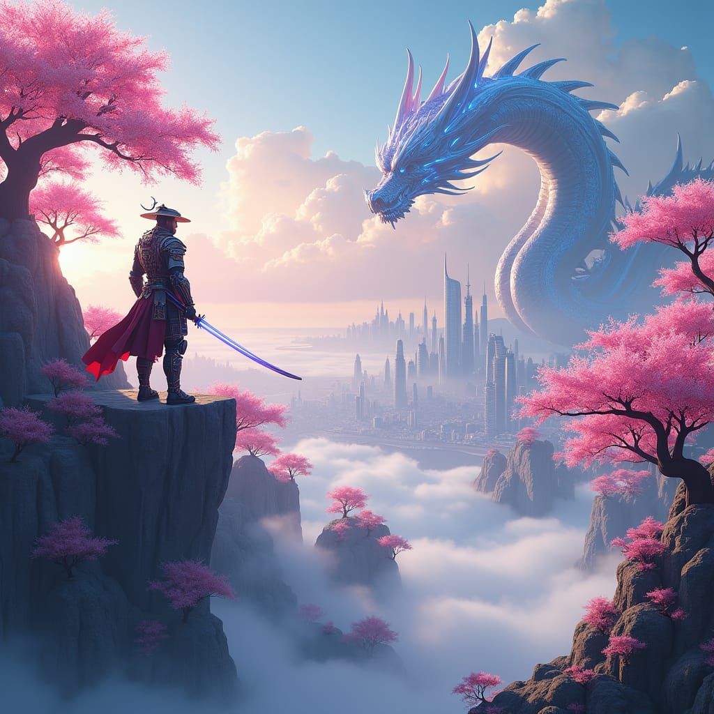 Samurai on Floating Island with Cherry Blossoms