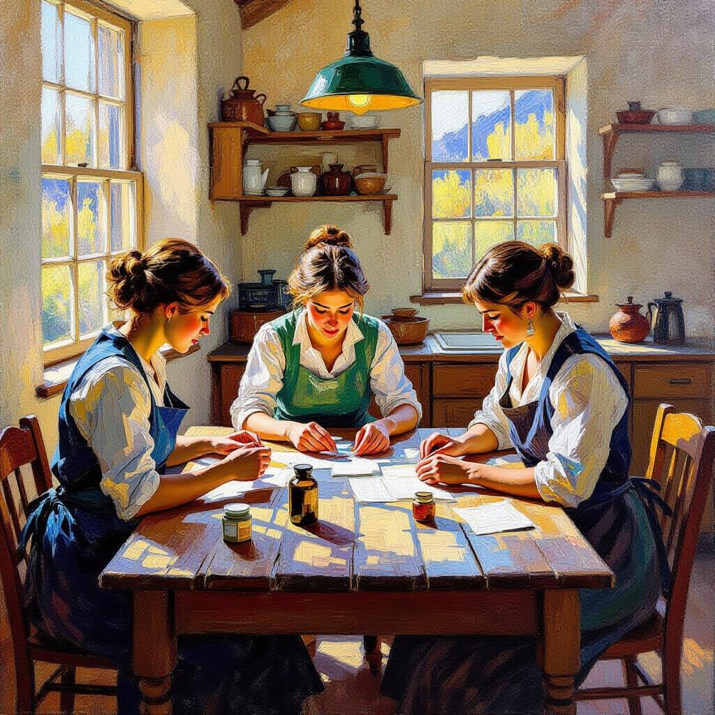 1912 Herbalists Crafting Medicine in Rustic Kitchen