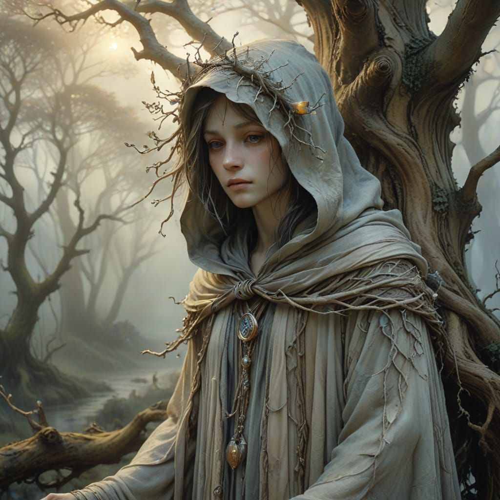 Mystical Fairy Interwoven with Twisted Tree in Ethereal Fant...