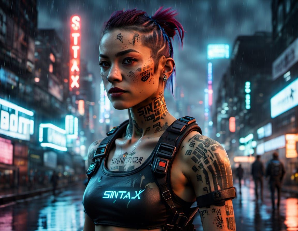 Cyberpunk Female Protagonist in Rainy City