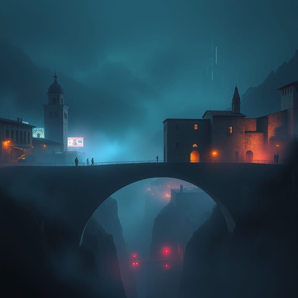 Cyberpunk Devil's Bridge in Eerie Perpetual Twilight