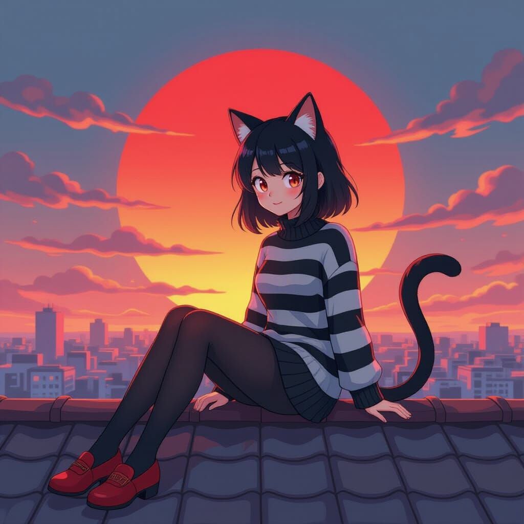 Anime Girl with Cat Ears on Rooftop at Sunrise