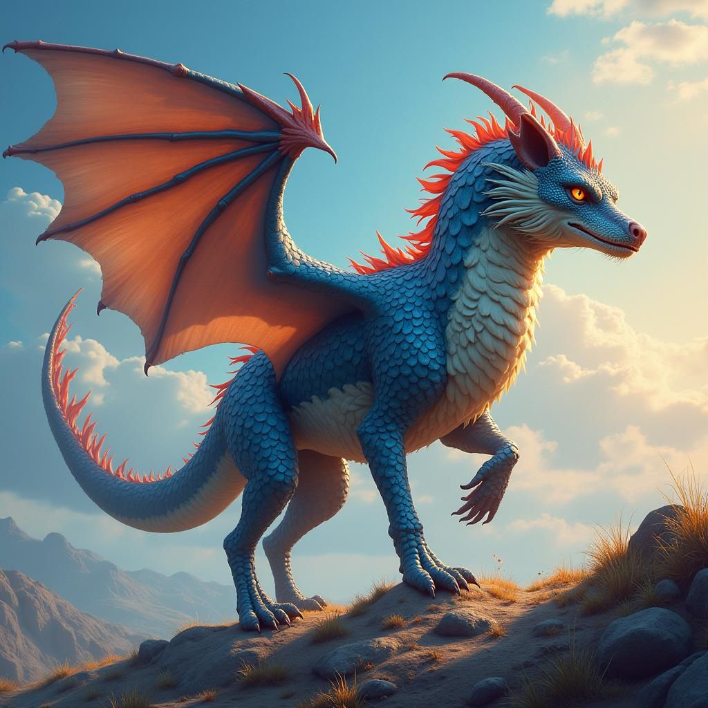 Iridescent Dragon-Wolf in Dreamlike Landscape