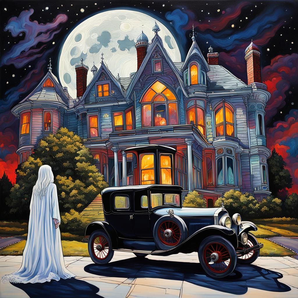 Ghostly Woman in Gothic Mansion at Night