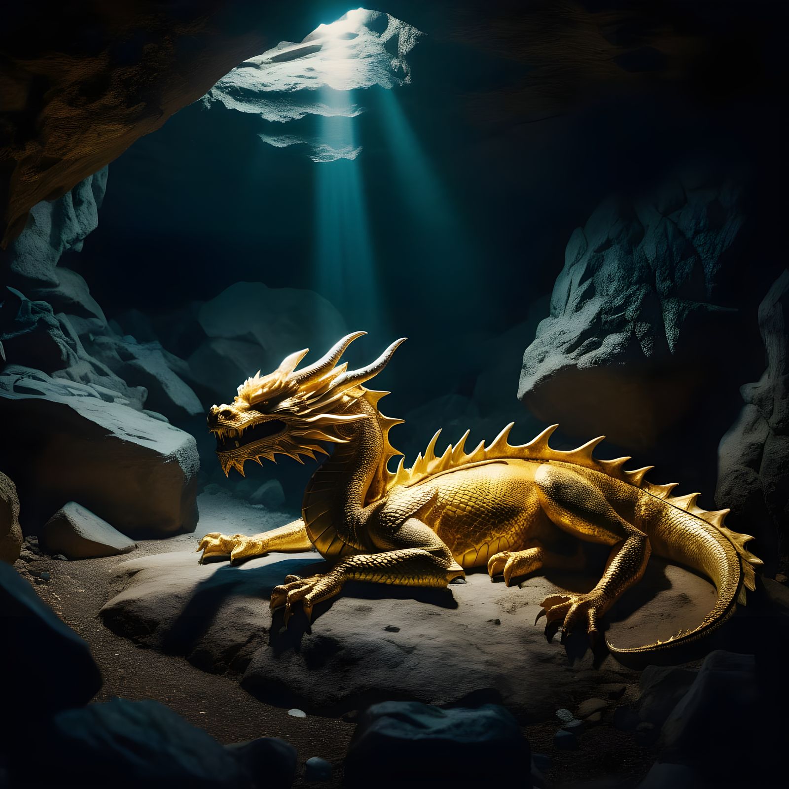 Epic Golden Dragon in Cinematic Cave Scene