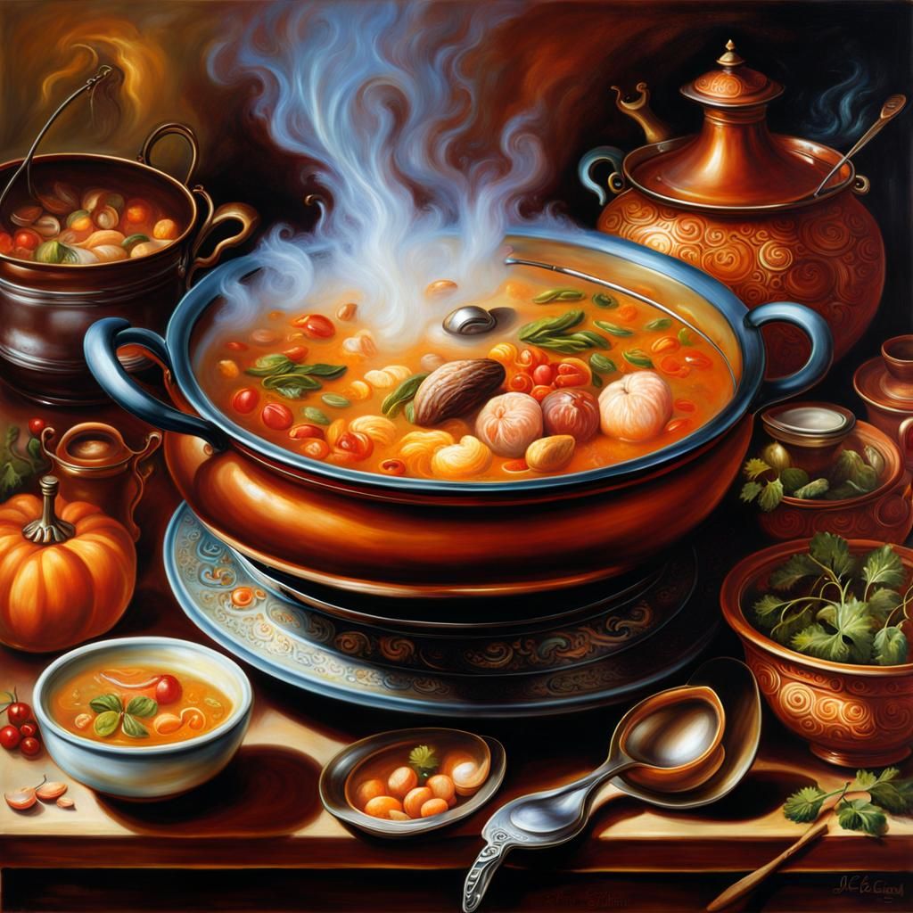 Hyperdetailed Oil Painting of Cook Making Soup