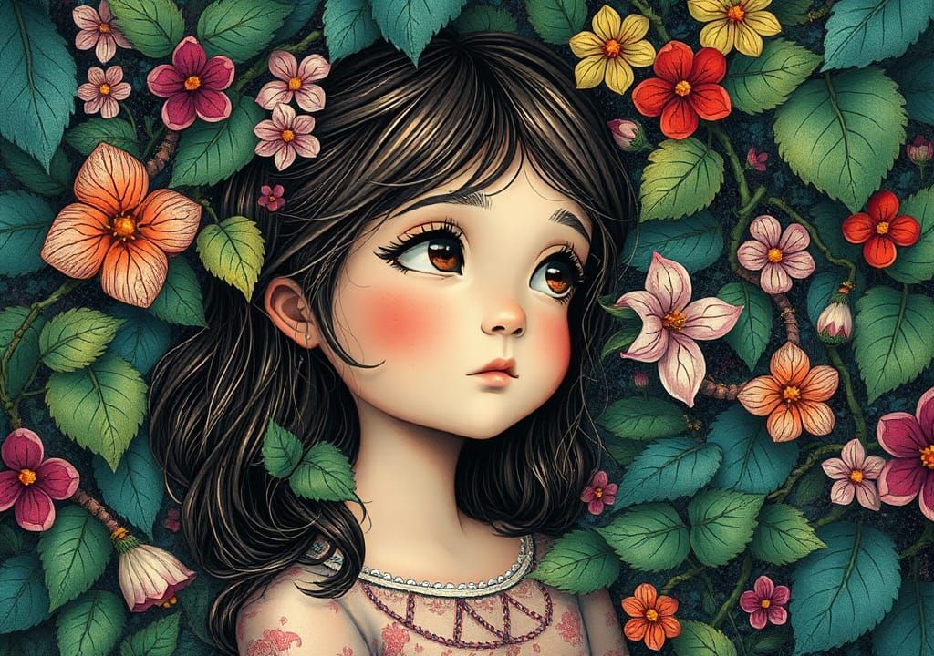 Dreamy Girl Surrounded by Foliage in Whimsical Style