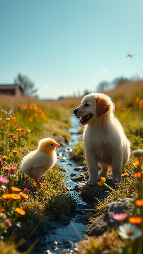 Golden Puppy and Chick Share a Serene Meadow Moment