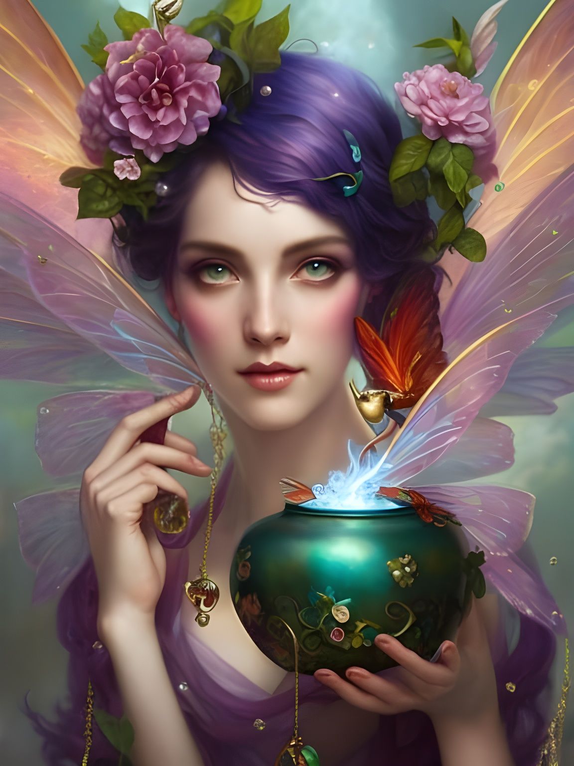 Colorful Pixie Fairy with Bubbling Potions