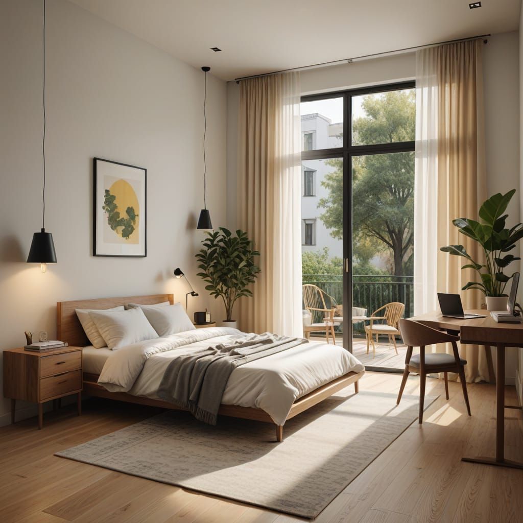 Ultra-Realistic 3D-Rendered Bedroom and Workspace Interior