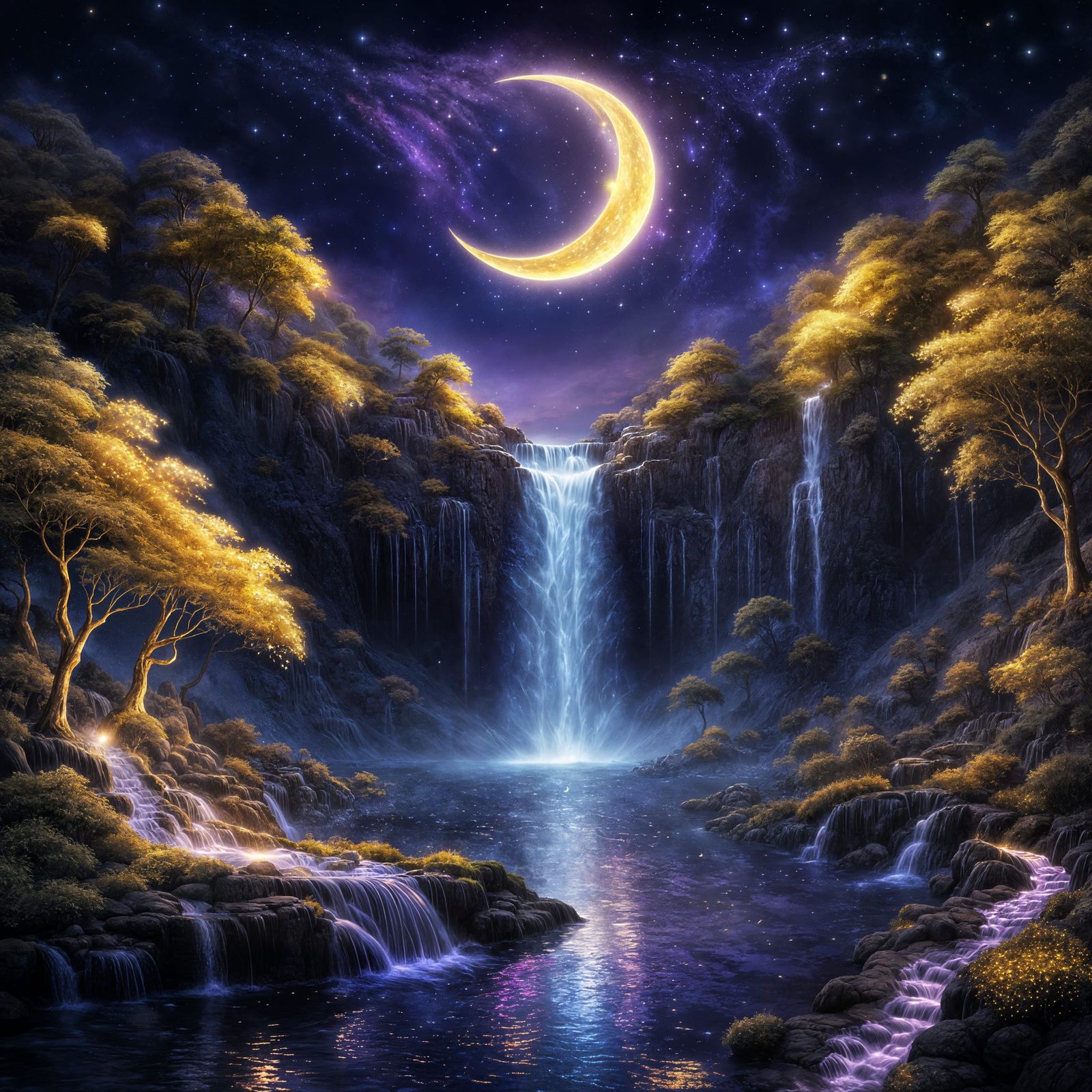 Magical Waterfall Under Golden Moonlit Night Sky