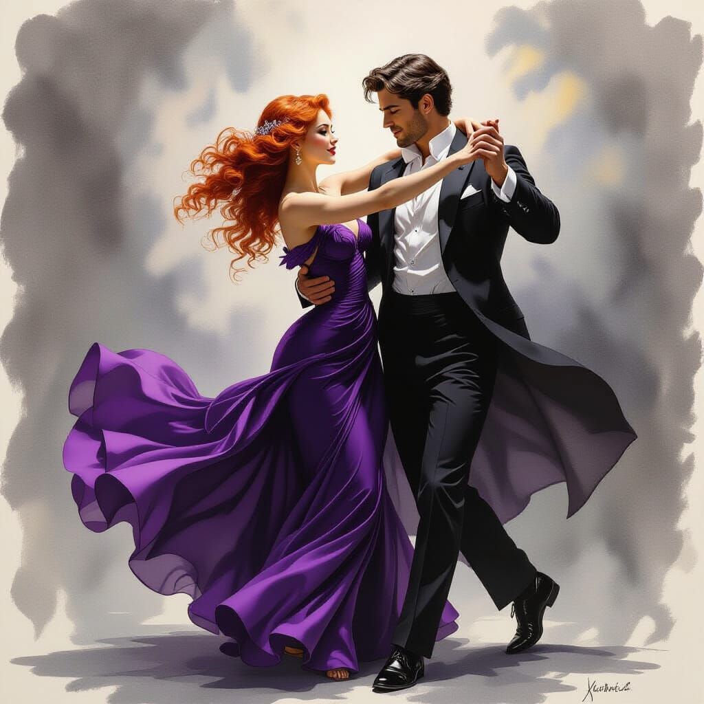 Romantic Couple Dancing in Luxurious Purple Dress