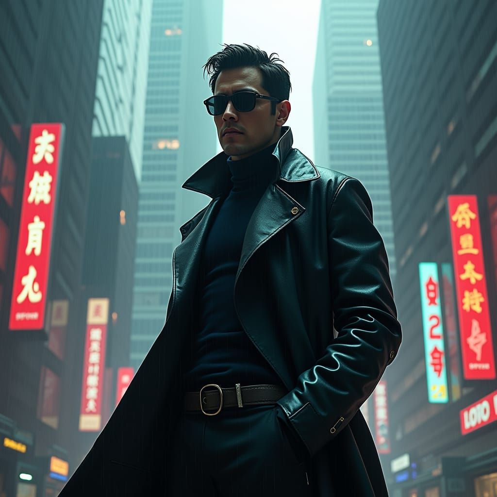 Neo in Dystopian Cityscape, Cyberpunk Art