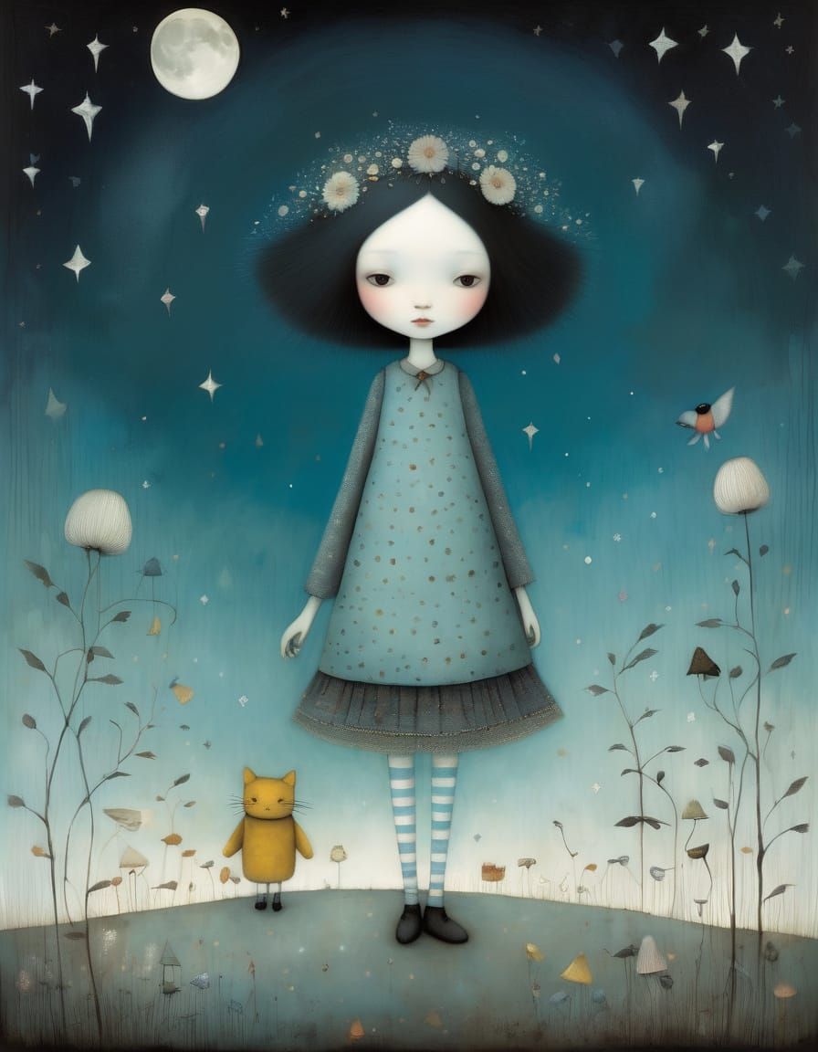 Enchanting Nighttime Scene with a Beautiful Woman