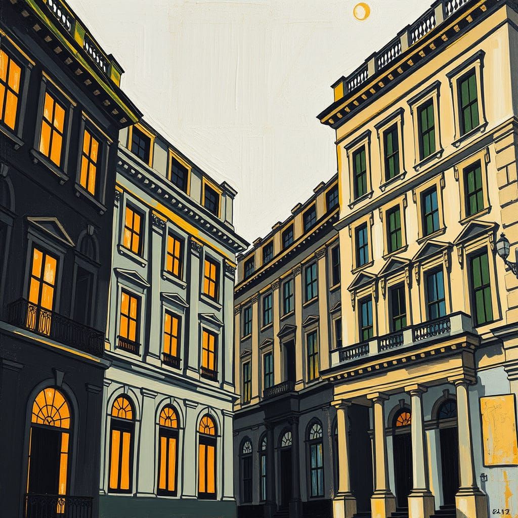 Angular Neo-Impressionist Cityscapes in Bold Black and Gold