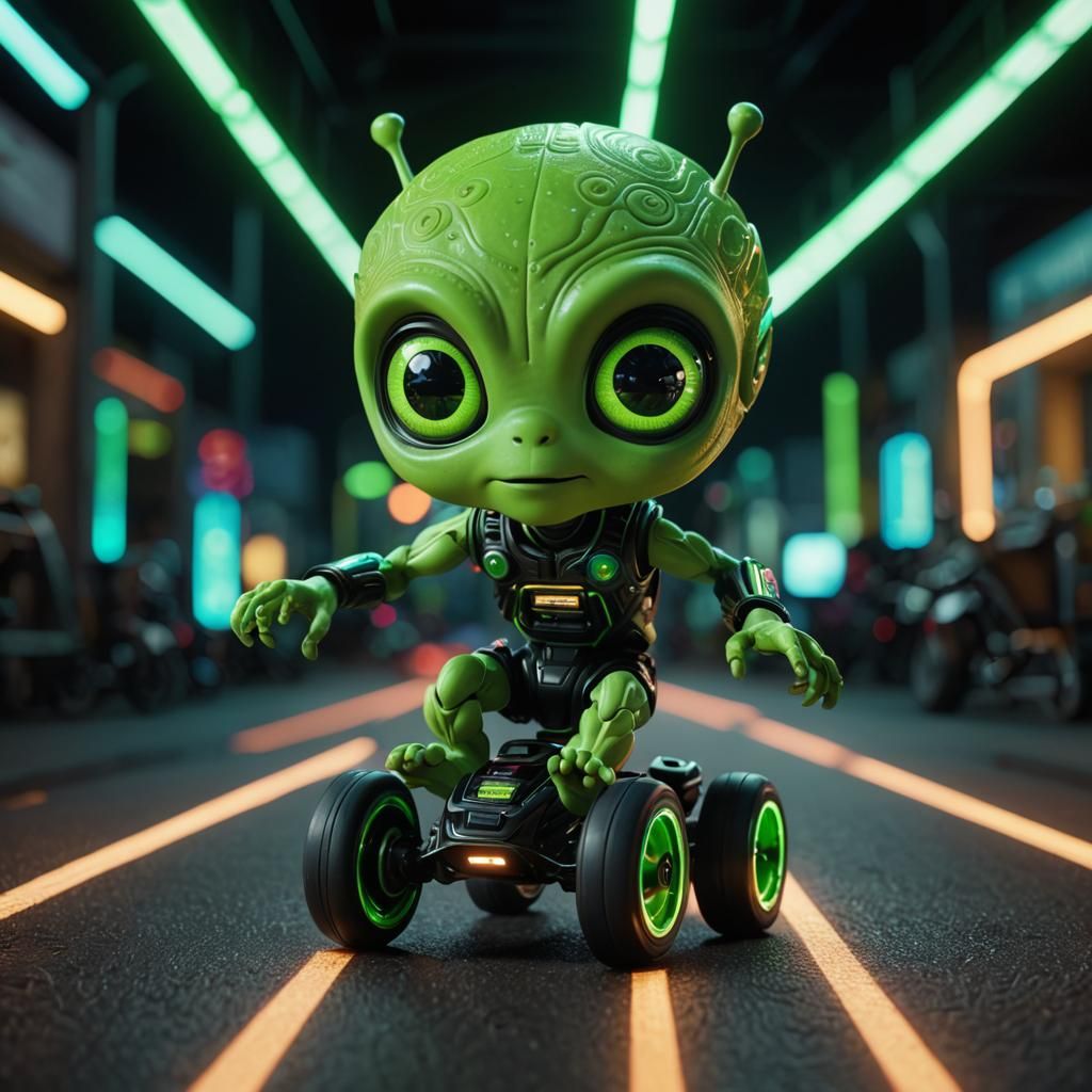 Square Alien on Wheels with Neon Glow