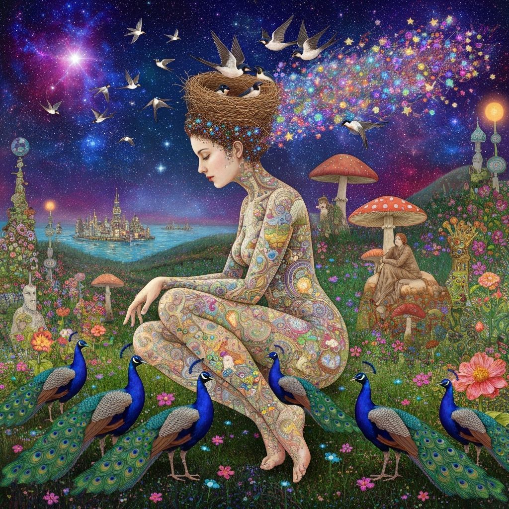 Ethereal Woman's Transformation into Cosmic Birds