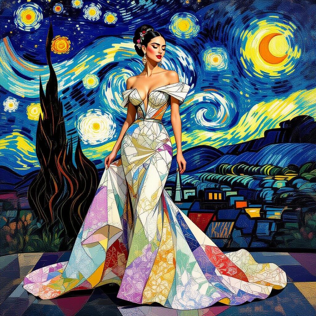 Surreal Woman in Gown with Cubist Patterns