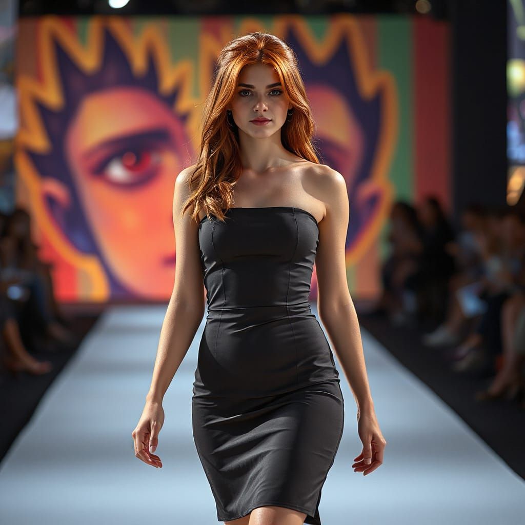 Redhead Woman on Catwalk in Hyperrealistic Digital Art