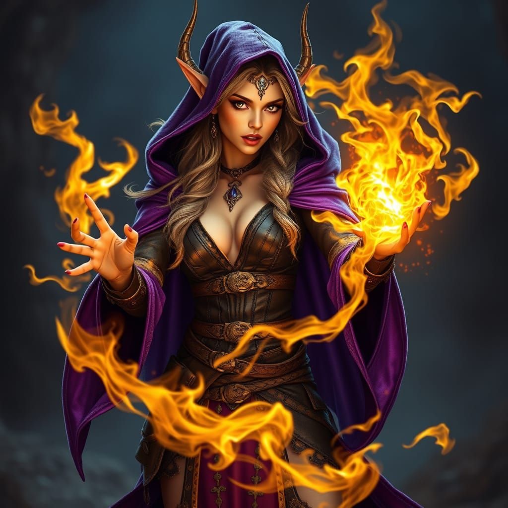 Fiery Elf Wizard in a Dark Fantasy Scene