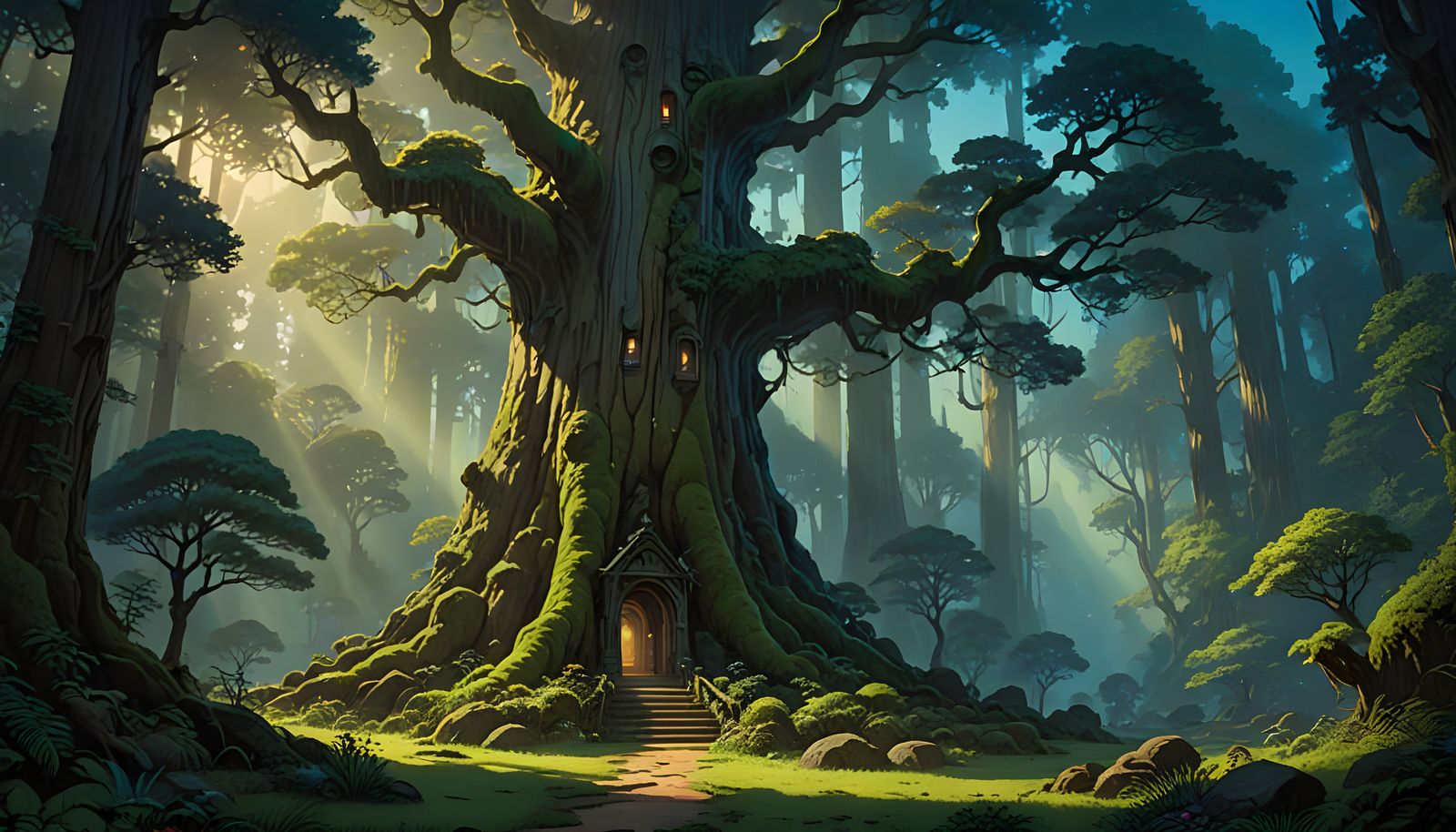 Ancient Redwood Forest Twilight with Hidden Temple Entrance