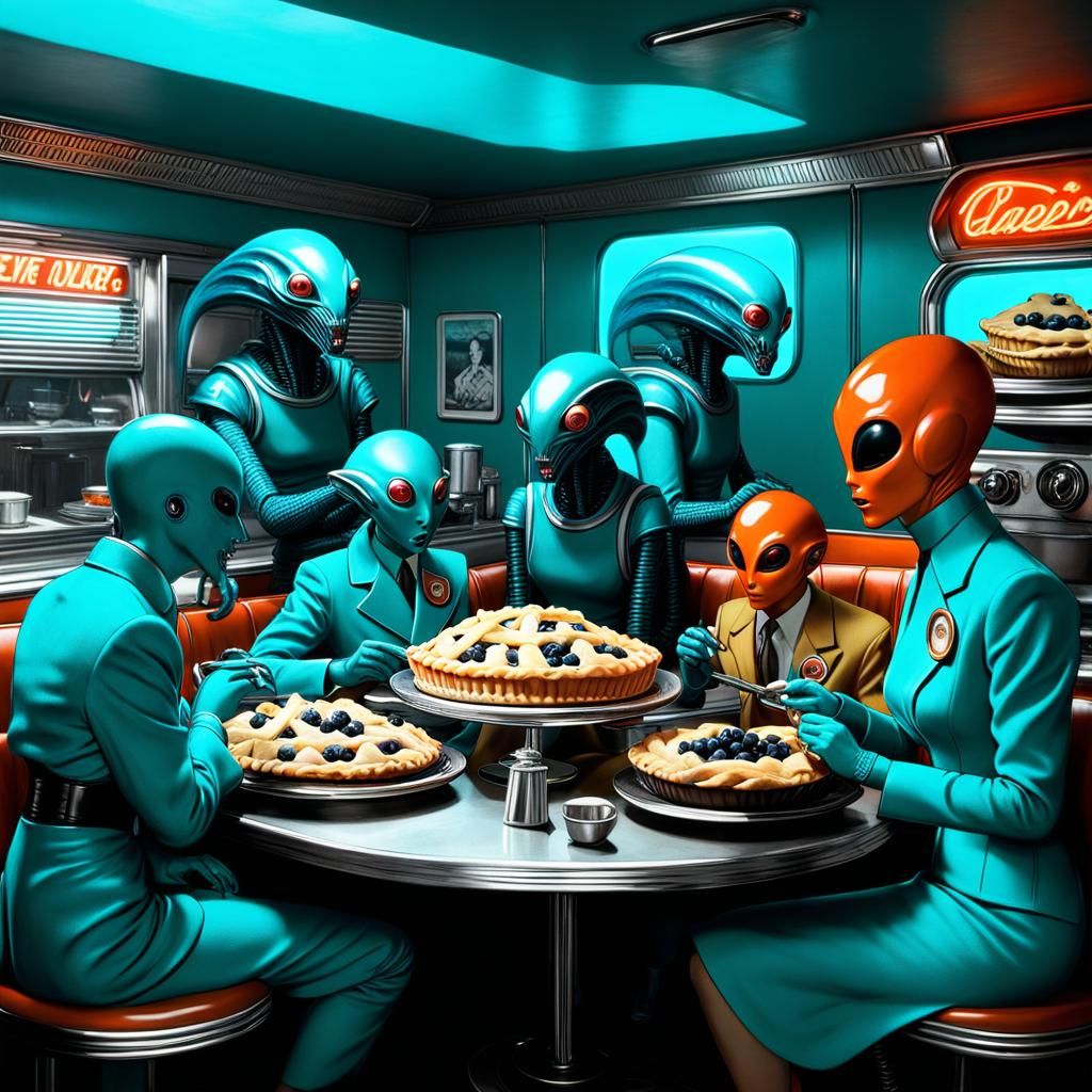 Aliens Enjoy Blueberry Pie in Vintage Diner