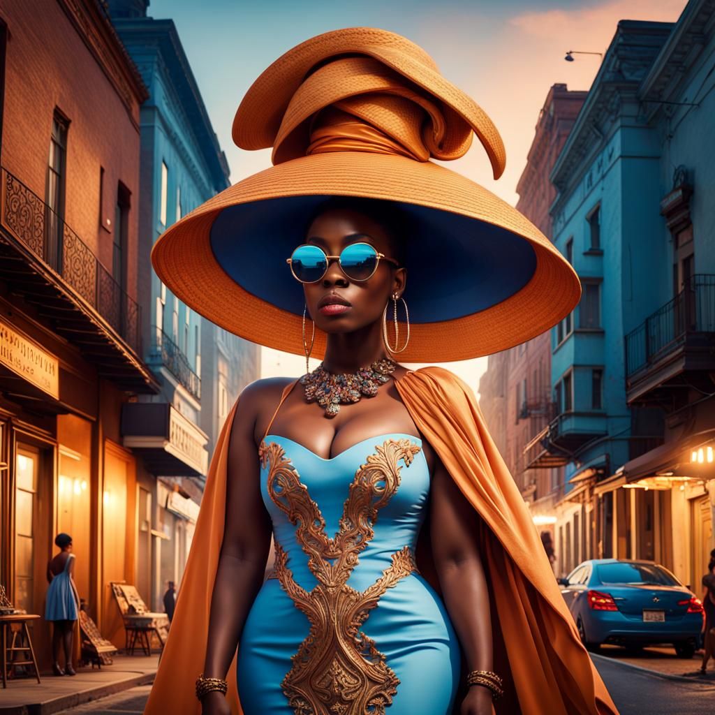 high fashion plus size nubian model eye contact oversized hat horn rim shades Saffron gown rim light blue hour sharp foc...