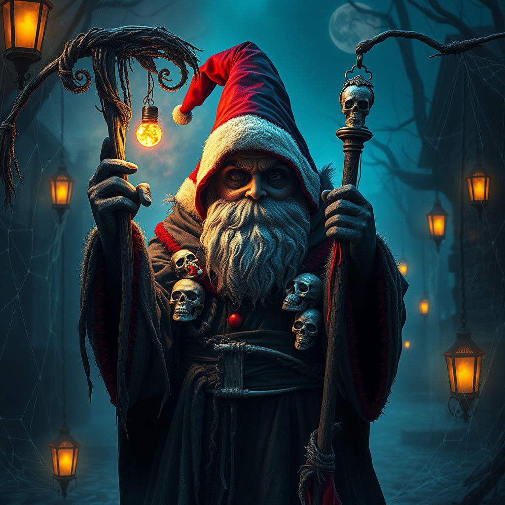 Dark Fantasy Santa Reaper in Eerie Christmas Scene