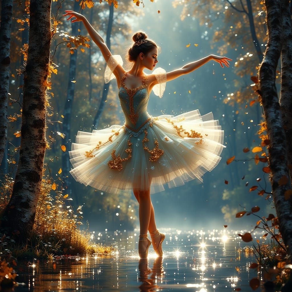 Exquisite Young Ballerina Dancing in Vibrant Fantasy Landsca...
