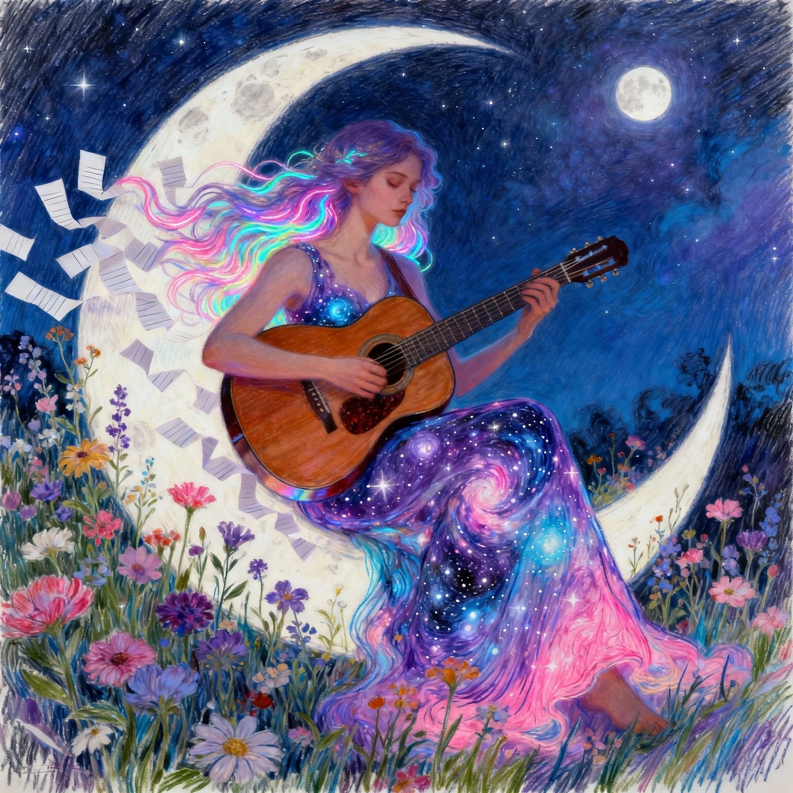 Enchanting Woman on Moon Playing Guitar in Cosmic Night