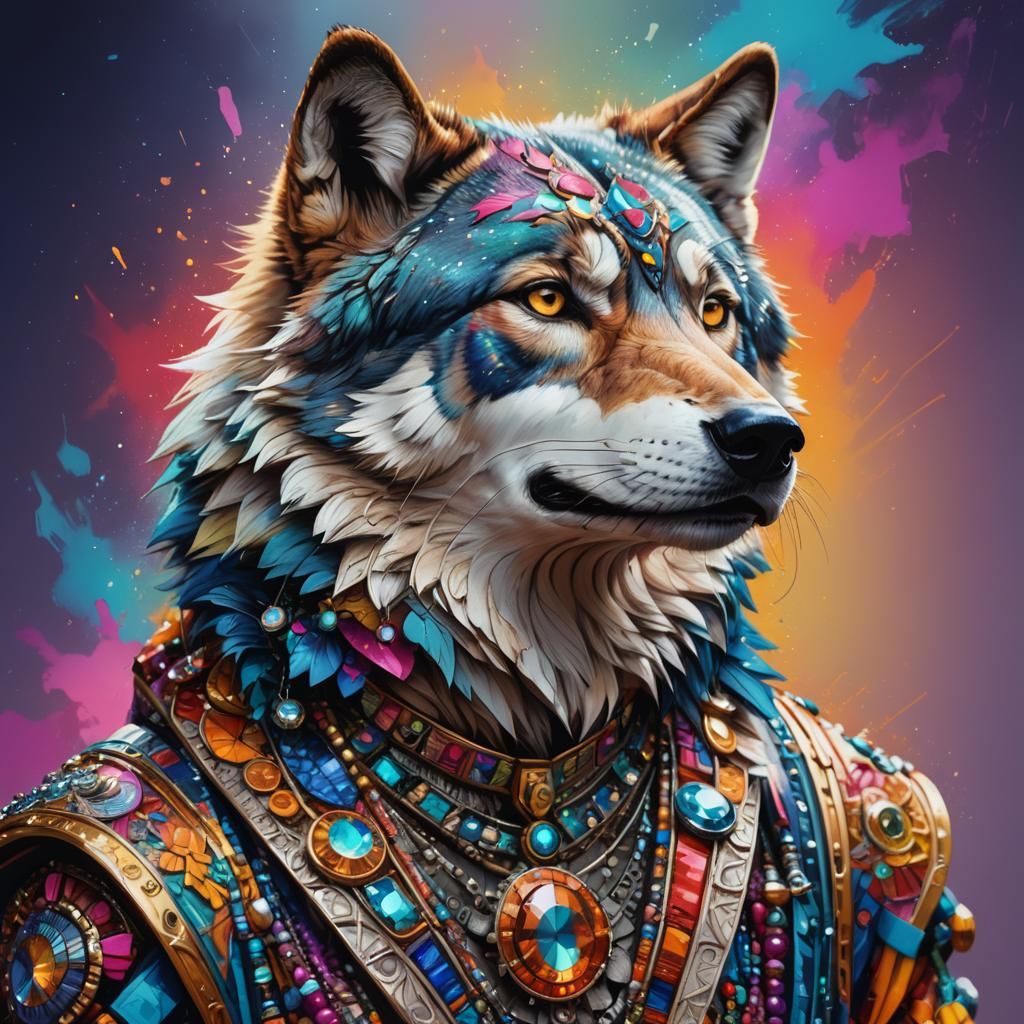 Wolf Portrait in Hyperrealistic Style with Detailed Clothing