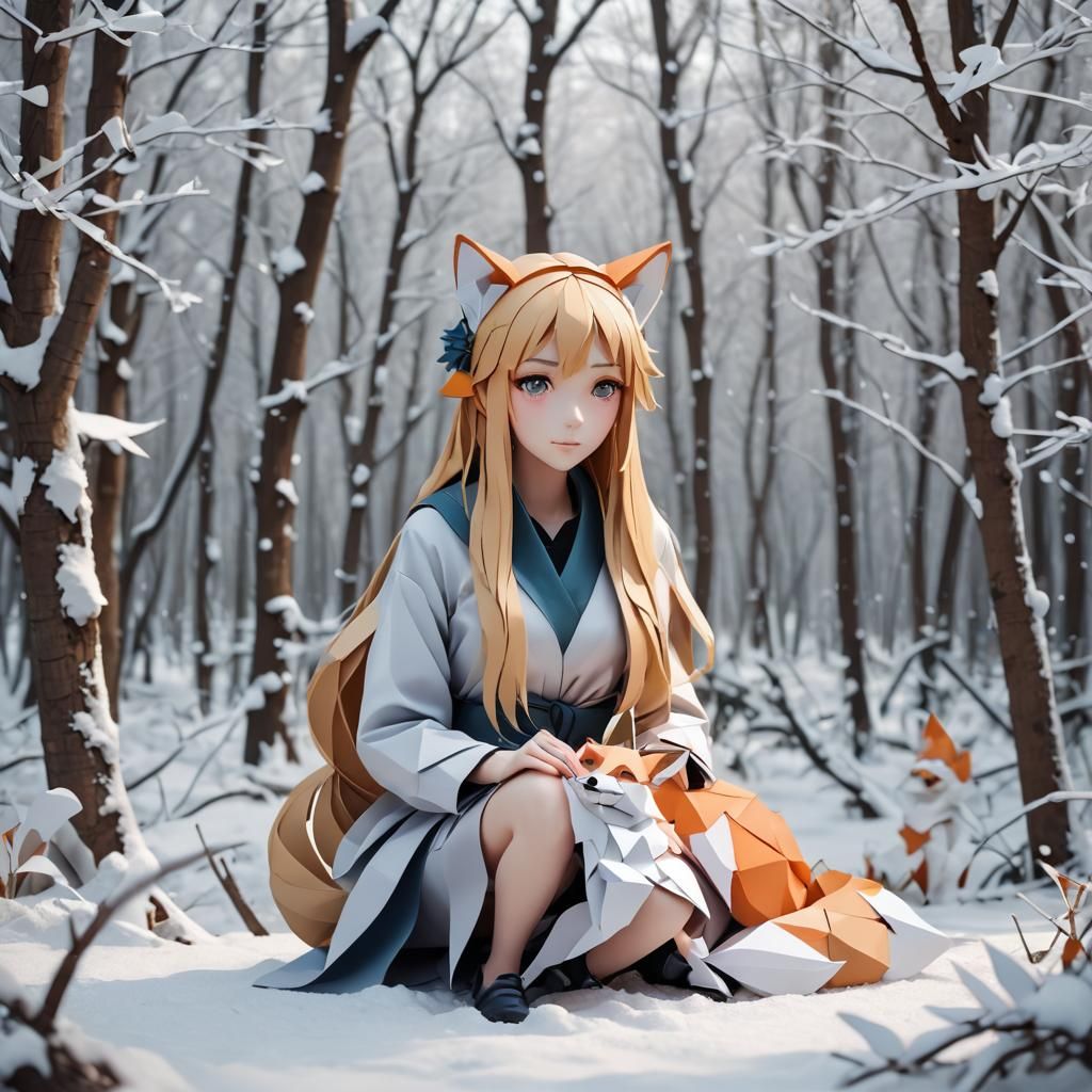 Anime Girl with Fox in Snowy Forest: Origami Style