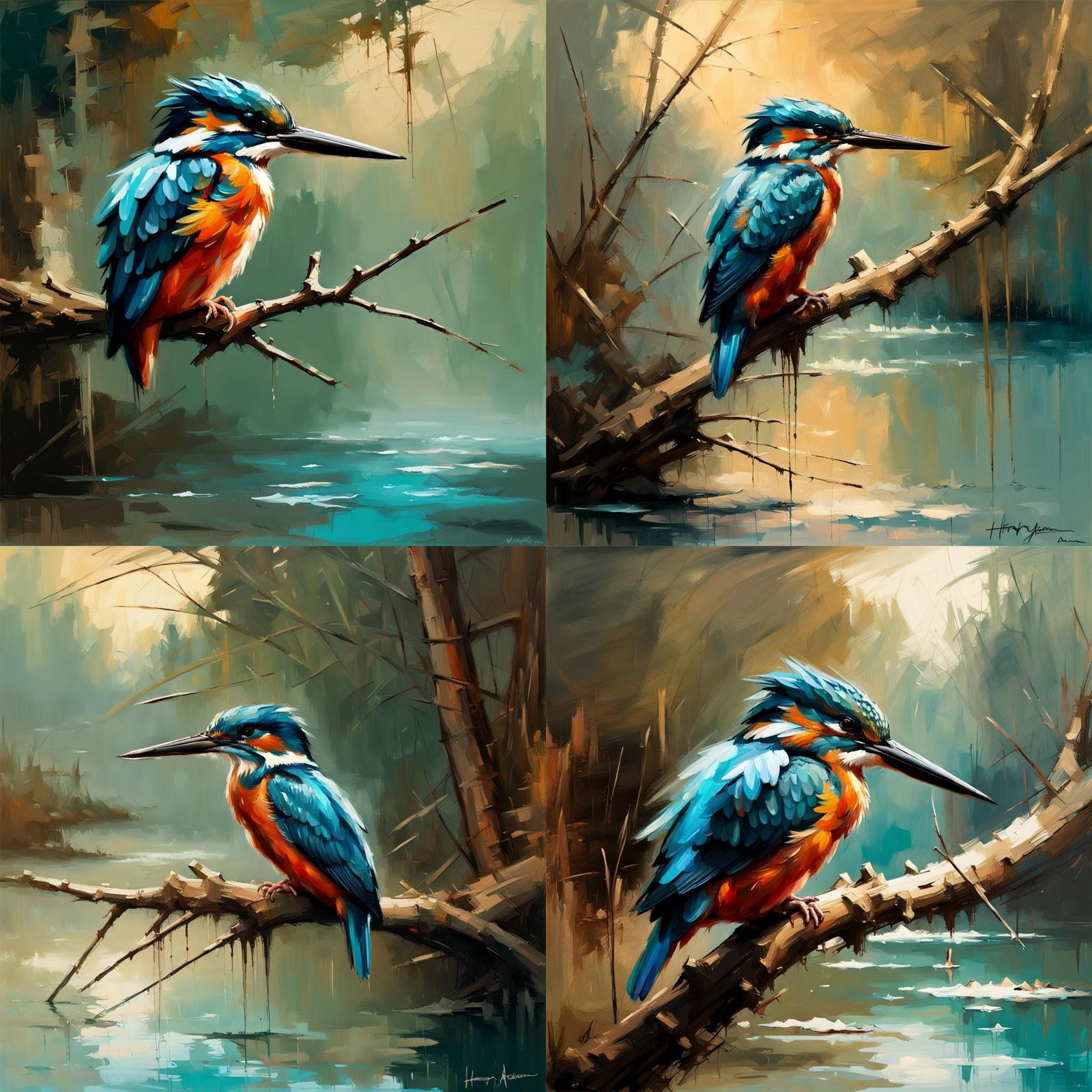 Colorful Kingfisher Perched by Water, Soft Painting