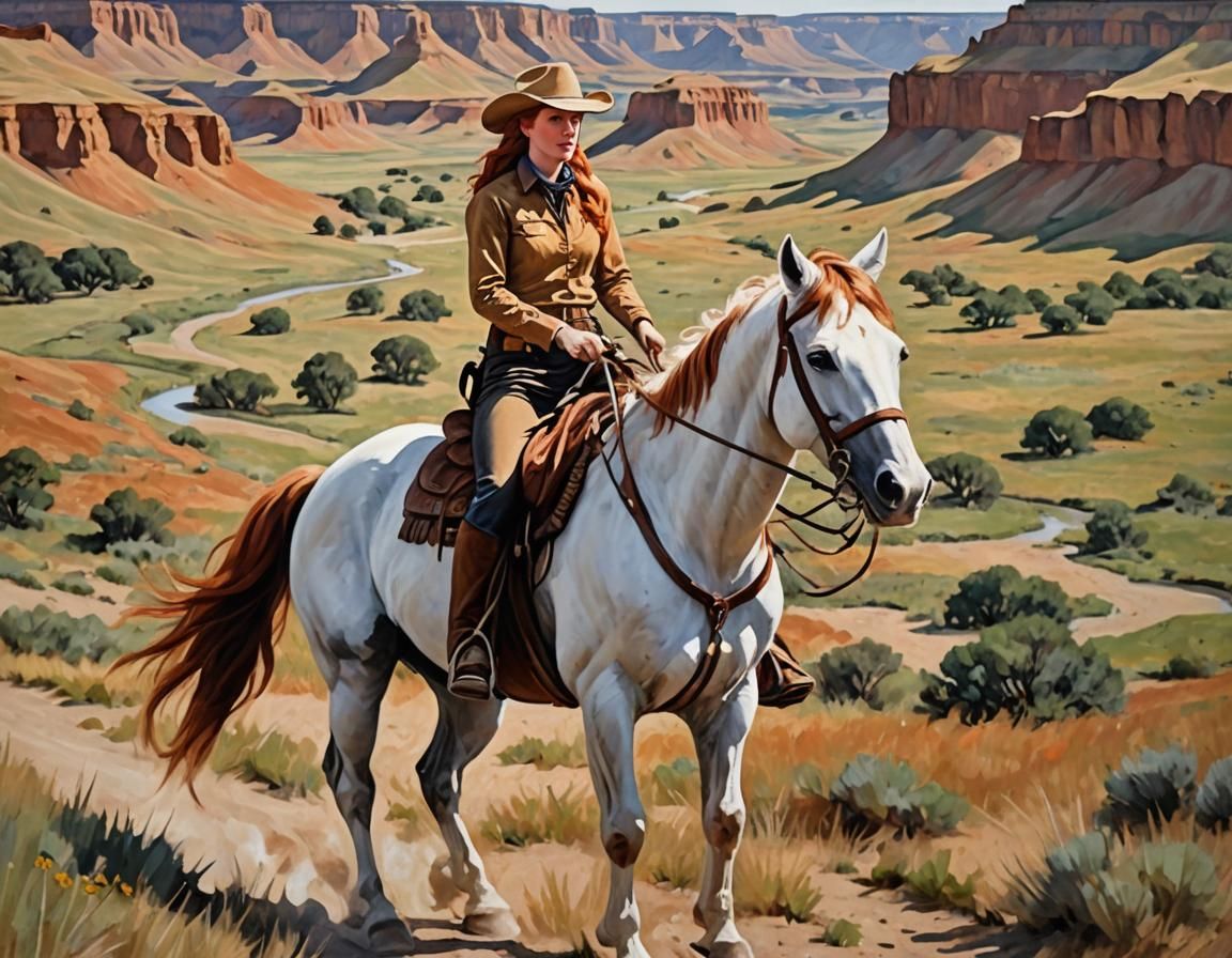Cowgirl on Horseback: Impressionistic Oil Painting