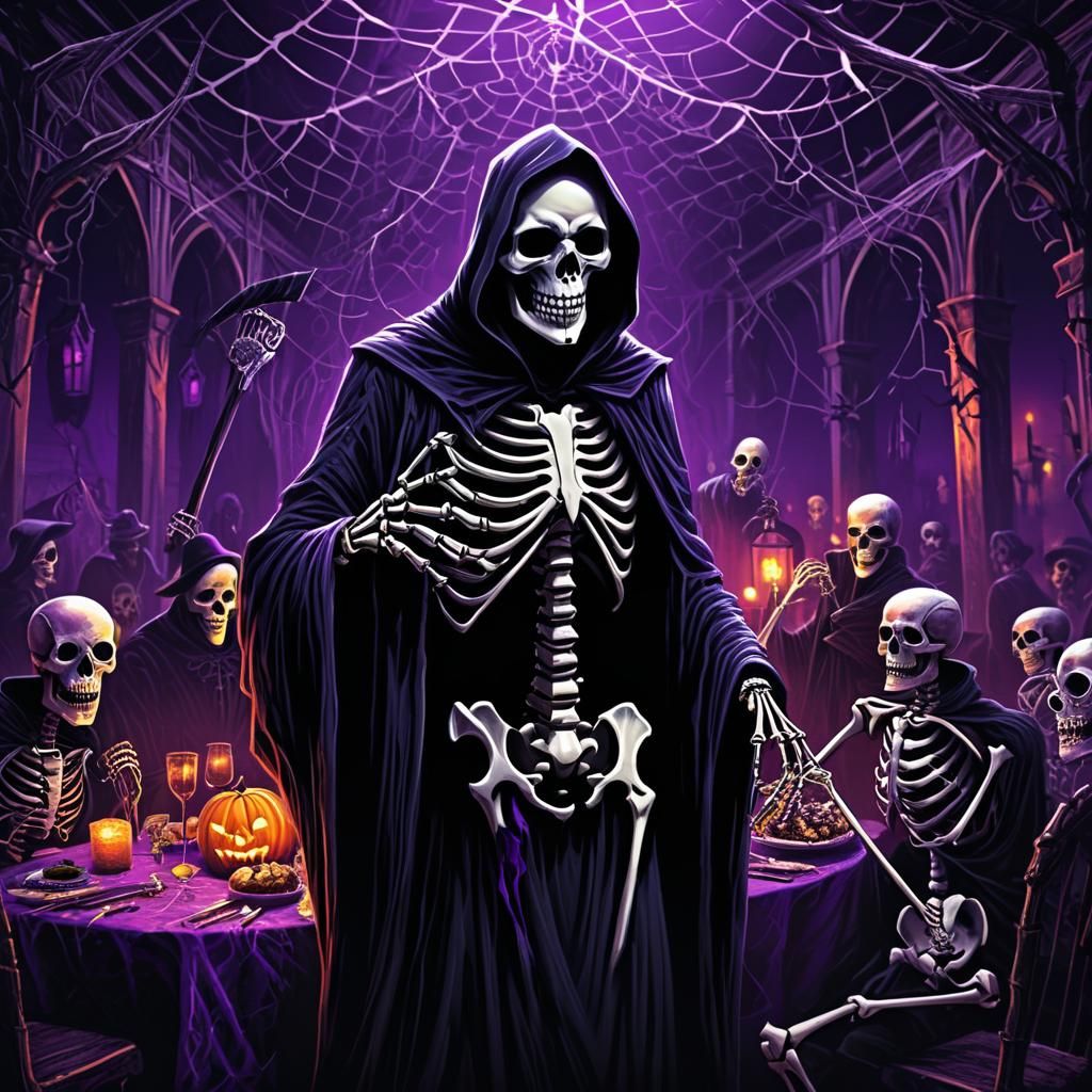 Grim Reaper Unmasked: Dark Fantasy Halloween Scene