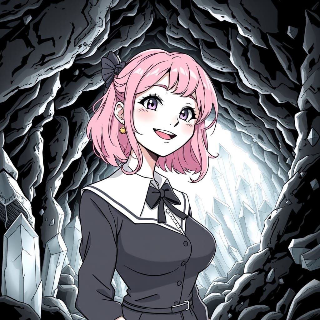 Manga-Inspired Woman Explores Crystal Cavern in Black and Wh...