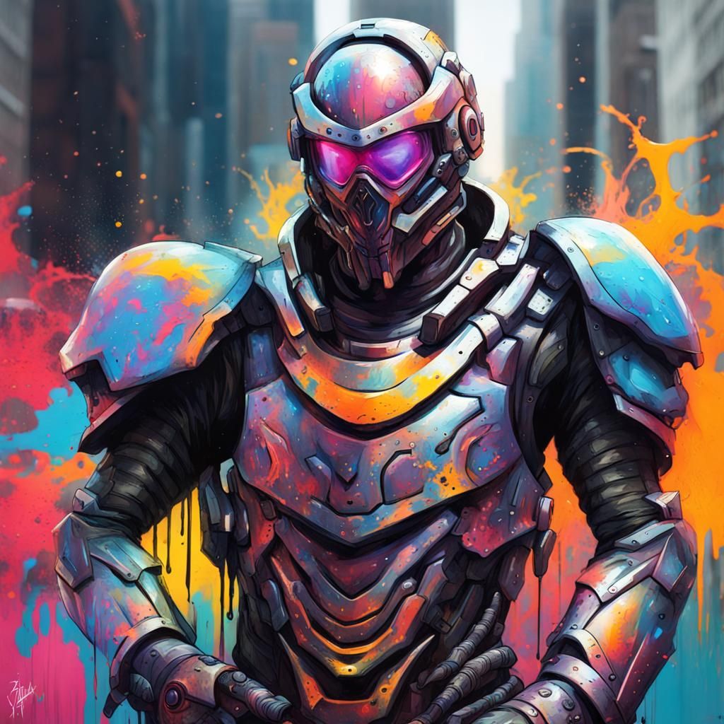 Futuristic Armored Man in Graffiti Street Art