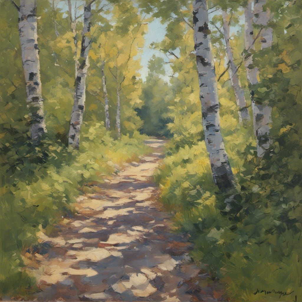 Idyllic Forest Path with Abandoned Bike as Oil Painting