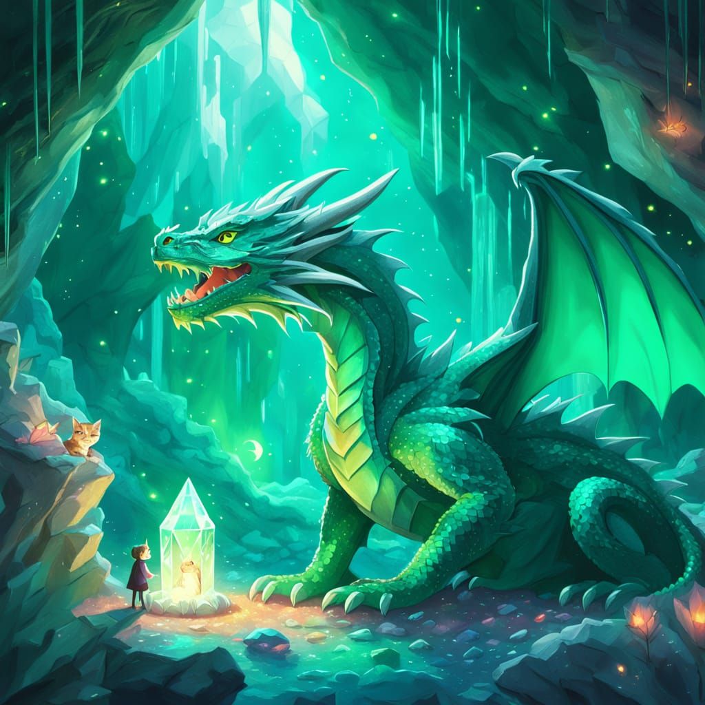 Dragon and Kitten in Crystal Cave | Whimsical Fantasy Art