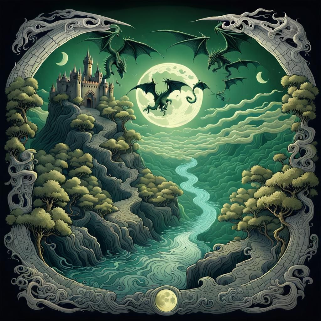 Dragons in Mystical Horror Landscape Illustration