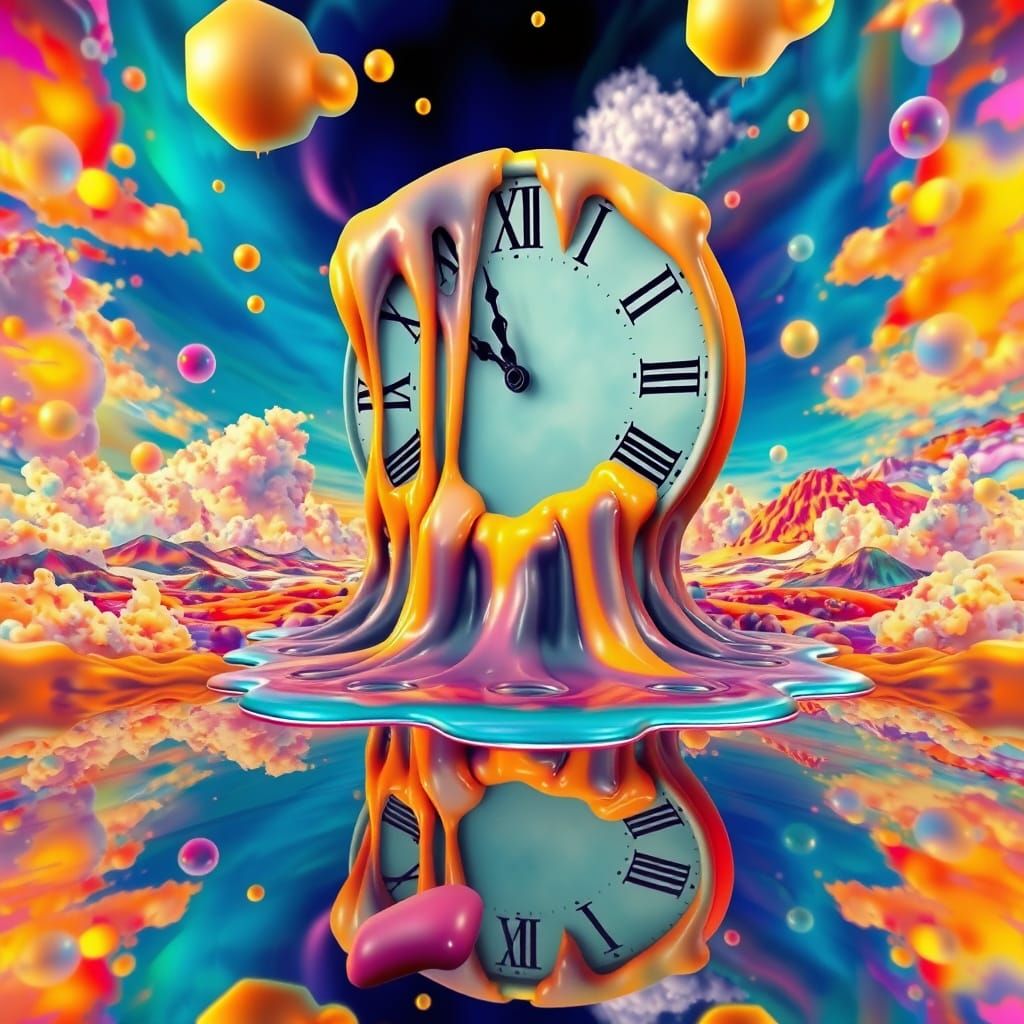 Surreal Digital Artwork Featuring Melting Roman Numeral Cloc...