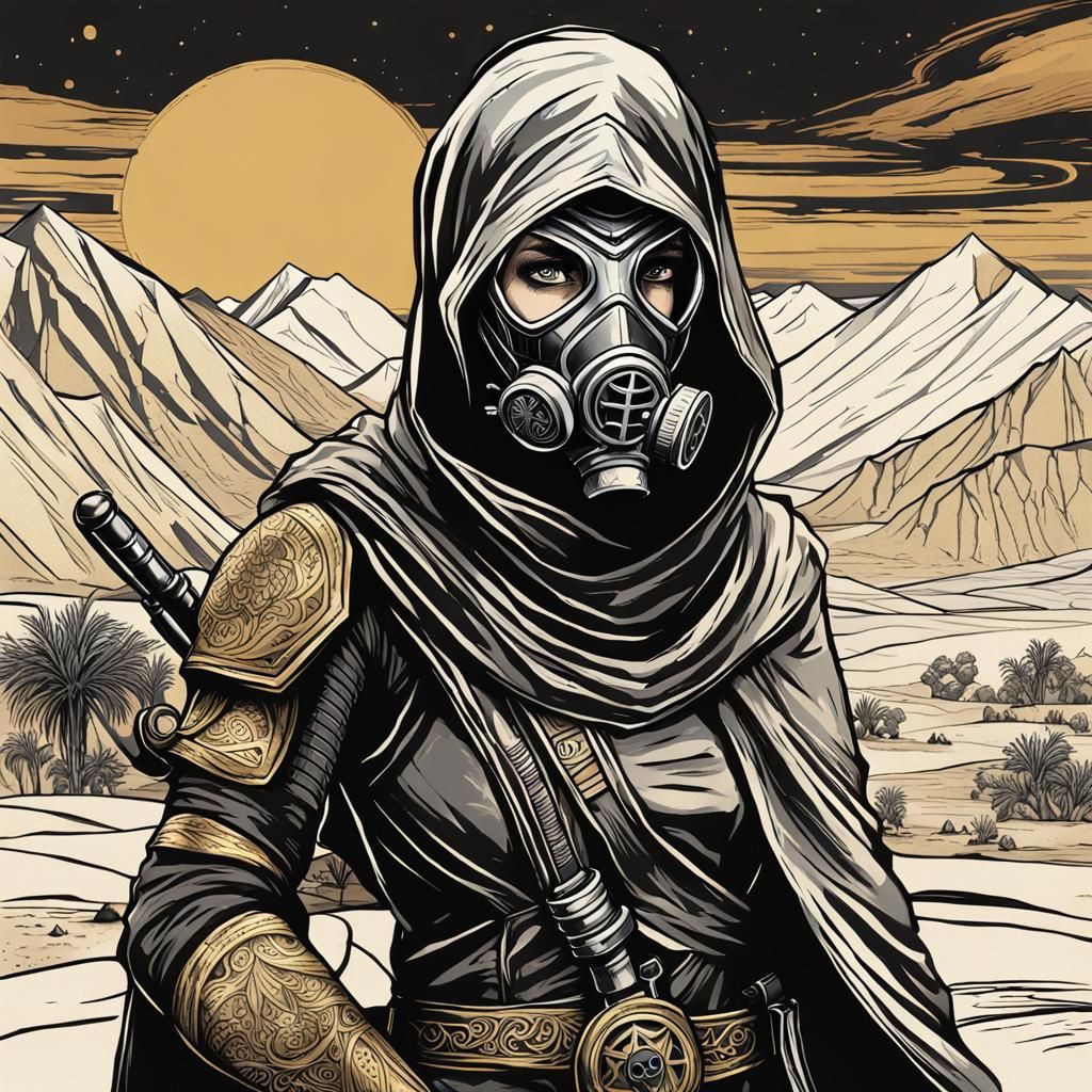 Intricate Tattoo Art of Desert Assassin in Anime Style